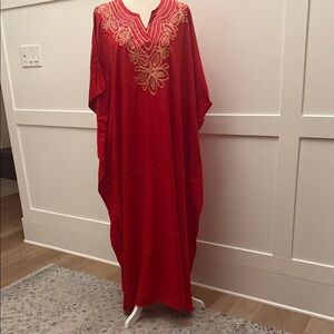 NWT Kaftan “one size fits most”red with gold sequin & embroidery around neckline